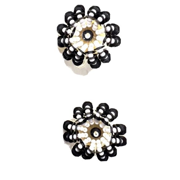 Vintage Black White Beaded Sequin Screw Back Earrings - Picture 3 of 5